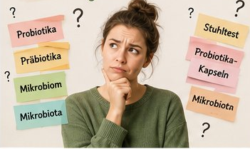 Diätassistentin mit Haftnotizen zu Probiotika, Präbiotika, Mikrobiom und Darmgesundheit